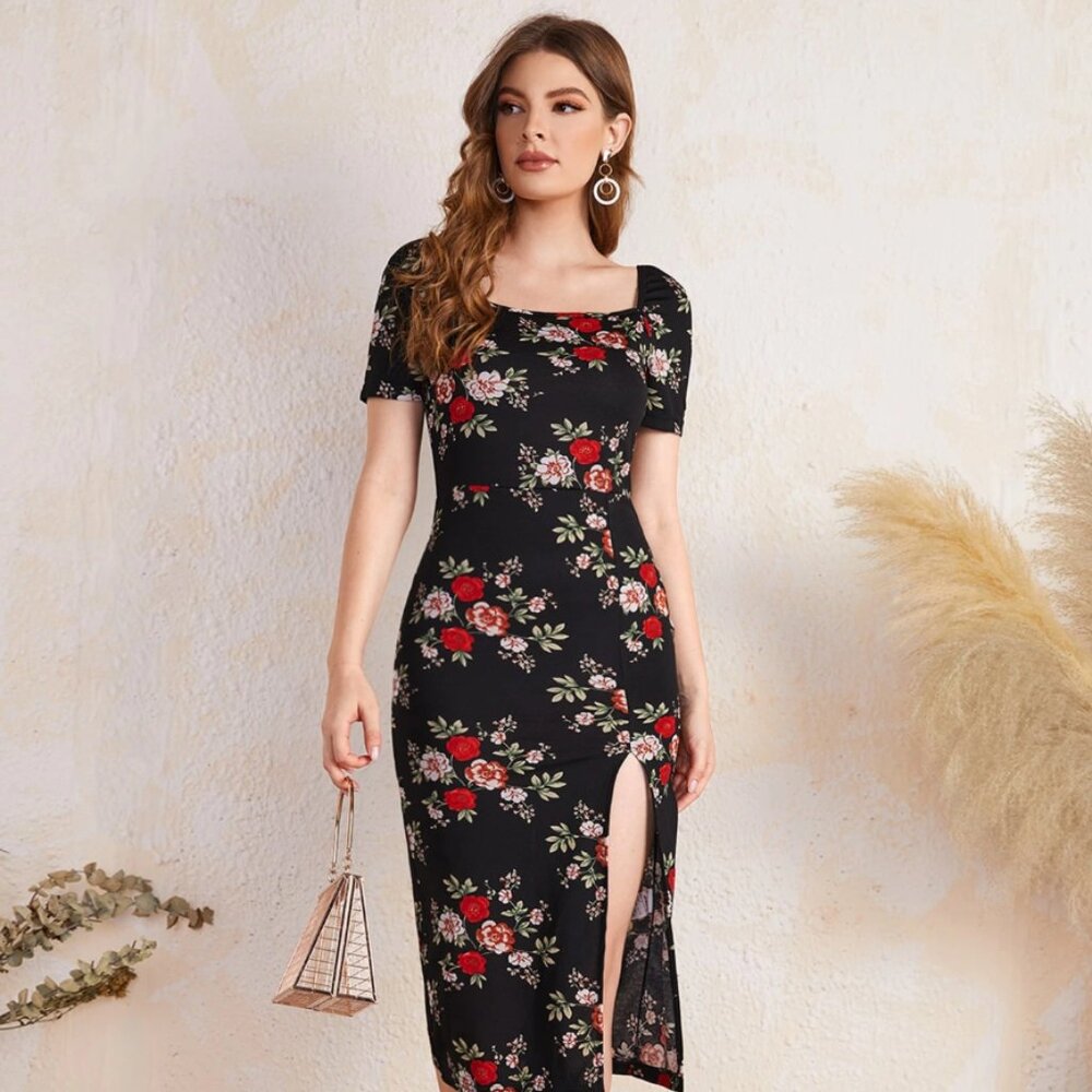 SHEIN Floral Print Split Thigh Dress
